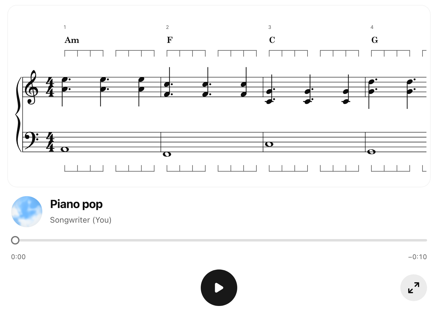 Piano pop score and playback controls: Am, F, C and G power chords with a tresillo rhythm above whole-note bass roots.