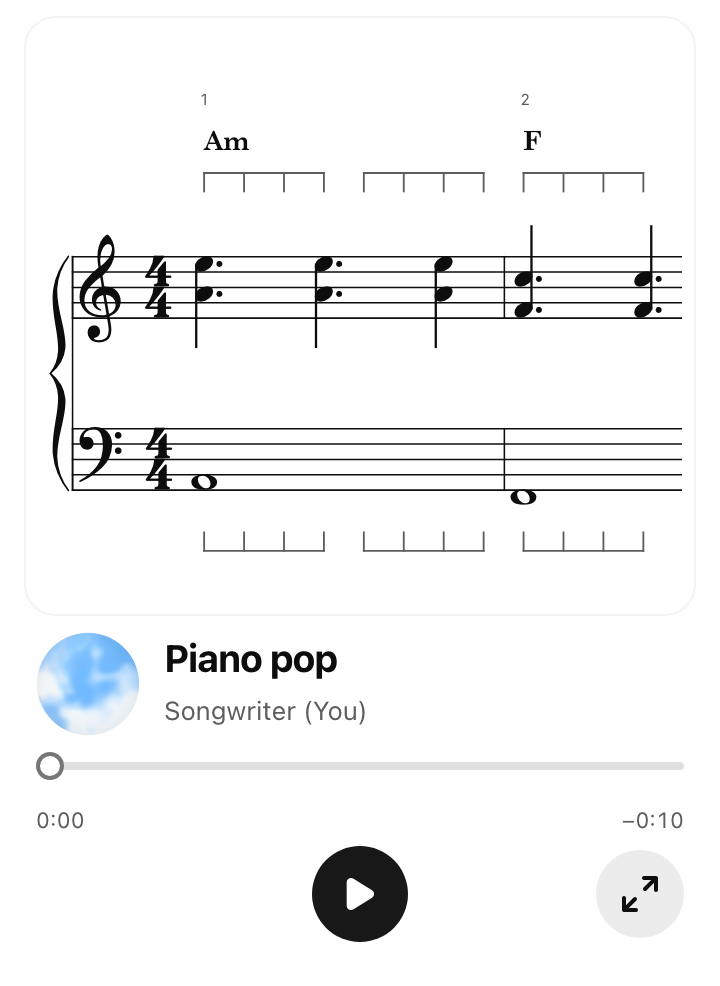Music Score’s piano pop card, showing Am–F–C–G notation with a tresillo rhythm, track information, and playback controls.